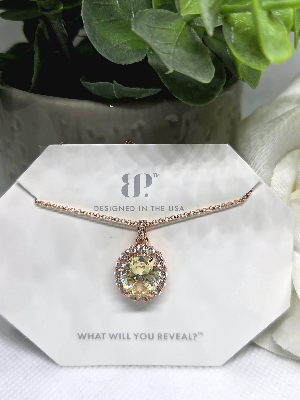 BP Lemon CZ 2424 Halo Pendant Necklace On Rhodium Plating